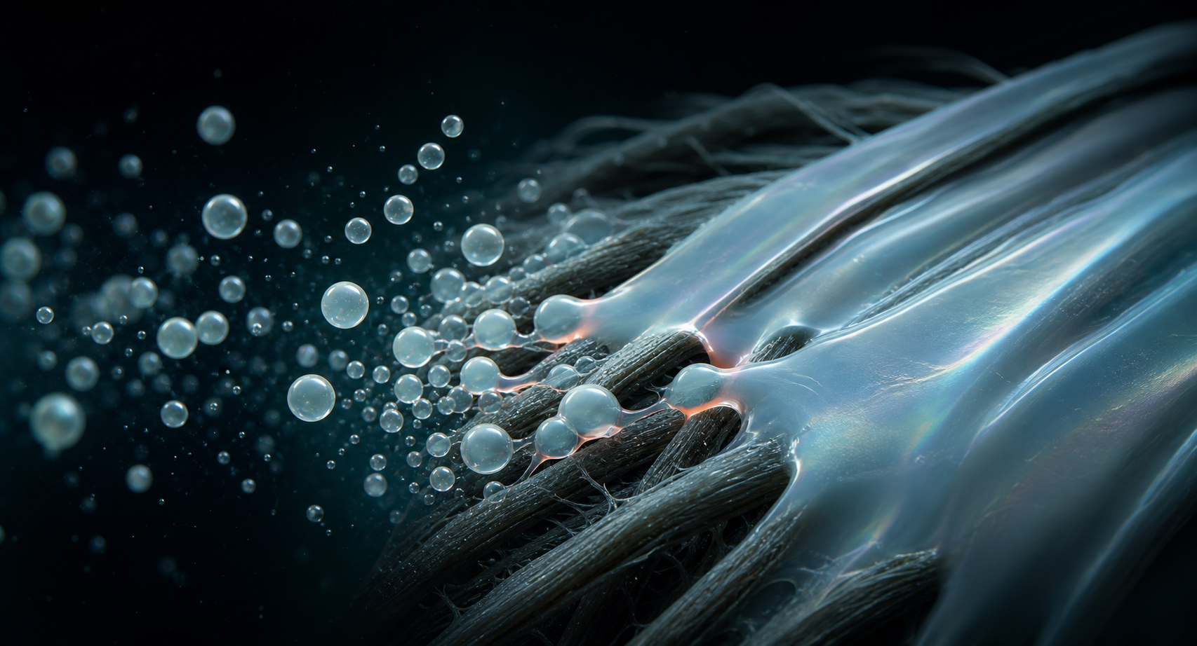 Illustration of dispersed particles and material interfaces in a PHA waterborne emulsion.