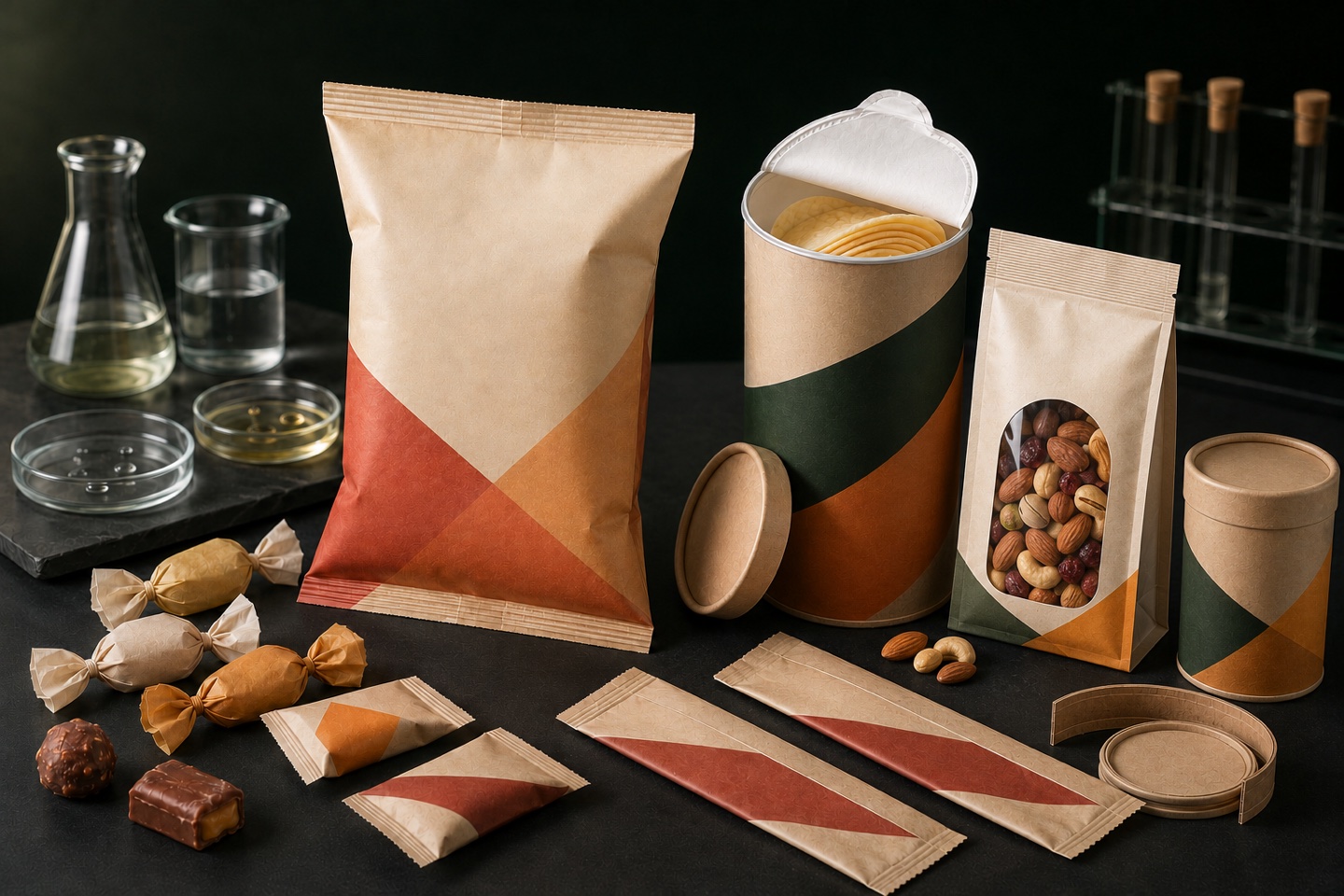 Paper packaging for snacks, including cartons, pouches and food containers.