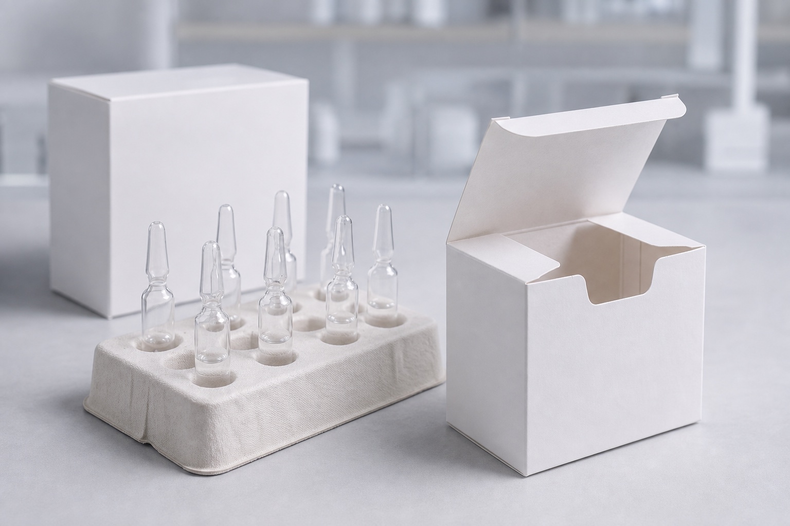 Paperboard outer cartons and molded cushioning for medical packaging.