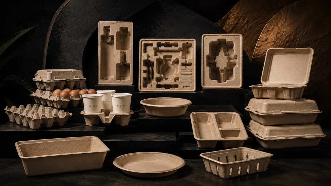 Molded-fiber trays, cushioning and food-packaging shapes.