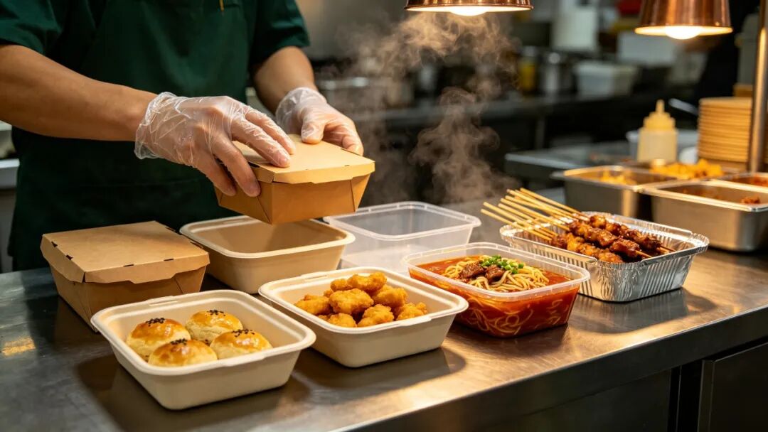 Food containers being prepared for takeaway service.