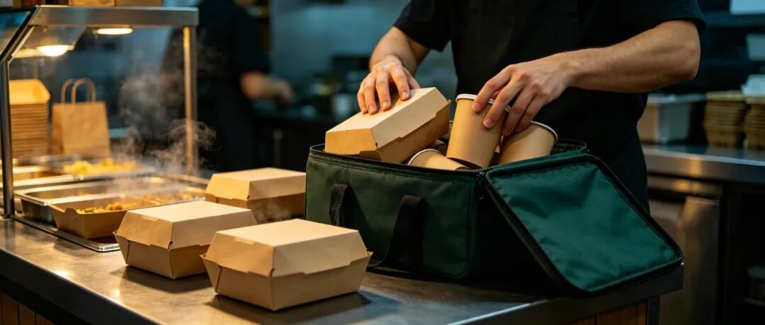 Takeaway food containers being packed into a delivery bag.