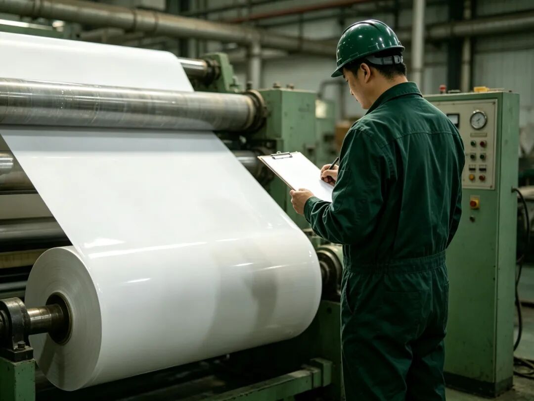 Paper being processed on industrial converting equipment.