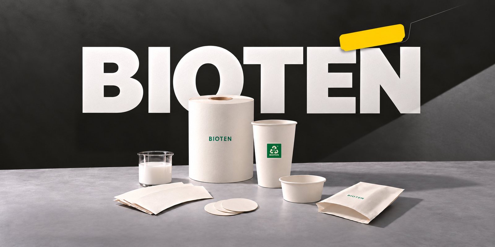 BIOTEN materials and packaging: barrier emulsion, coated paper roll, cup blanks, bottom discs, cup, bowl and food bag