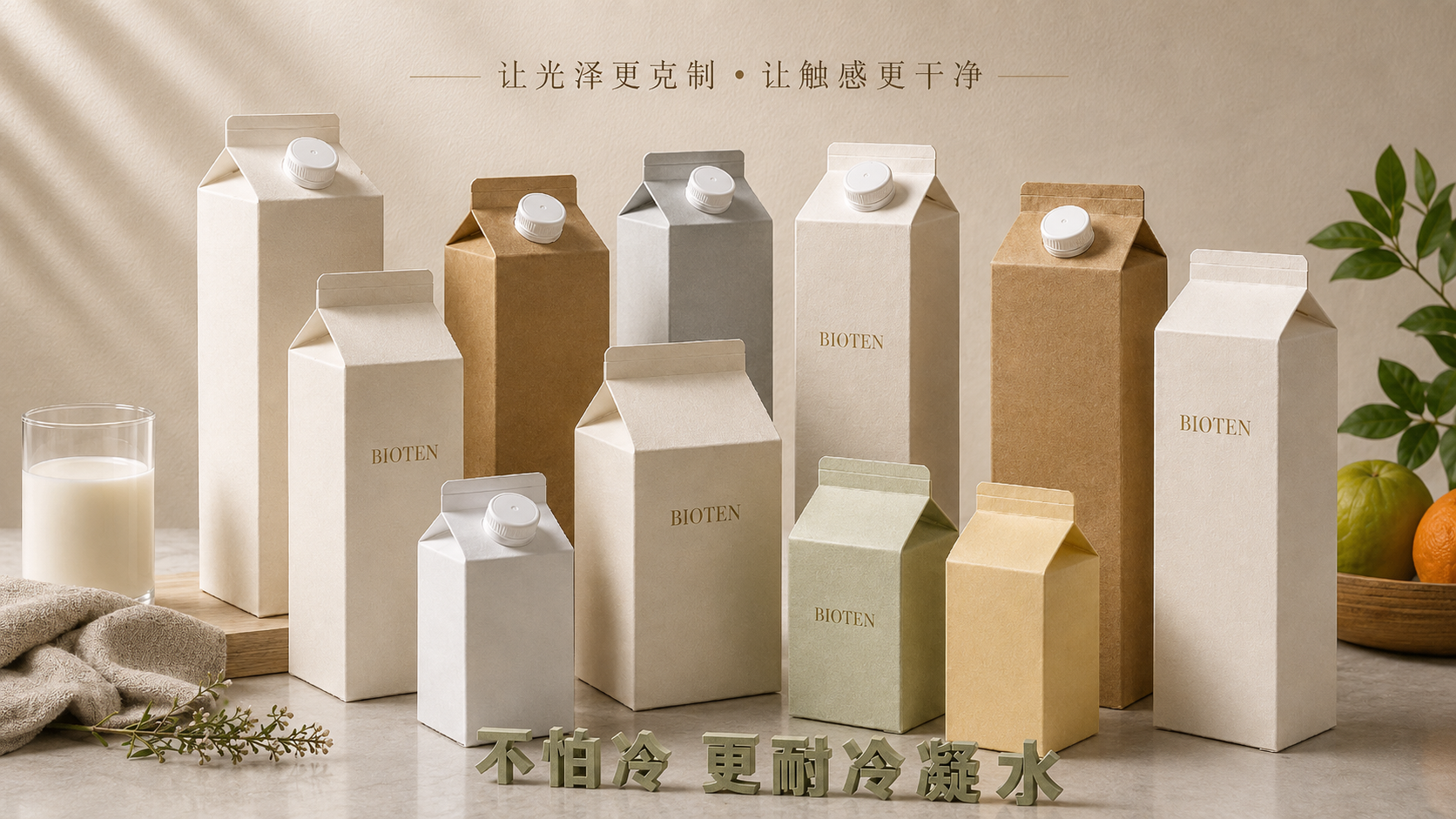 博碳PHA水性光油纸包装表面应用视觉，用于产品发布说明，不替代样品或测试证据